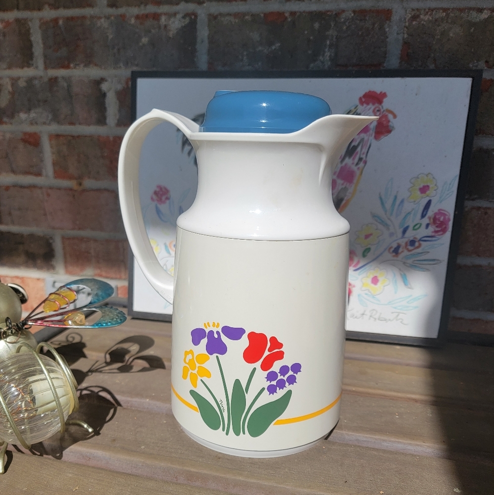 1980s Helga Nina White with Flowers Print Insulated Thermos/Beverage Carafe.